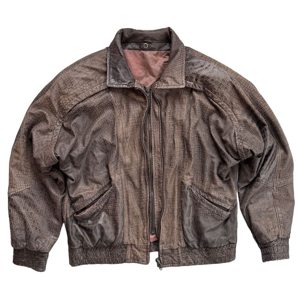 Vintage Animal Print Leather Bomber Jacket Dbl Zip Relaxed For Shoulder Padded